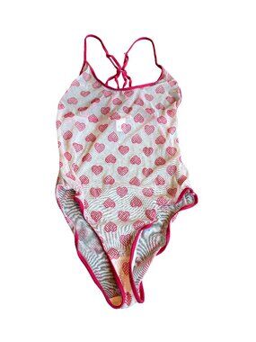 Victoria's Secret White Pink Heart Print Lingerie Bodysuit Sheer Stretchy Small